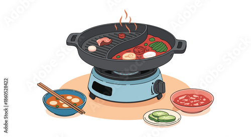 Traditional Asian hot pot and grill set on a portable gas stove with dipping sauces and side dishes ready for a meal.