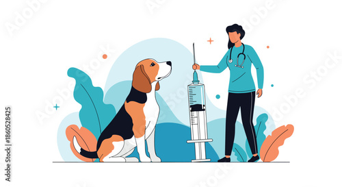 Veterinarian concept with a female vet holding a large syringe to vaccinate a calm and healthy beagle dog in a clinic.
