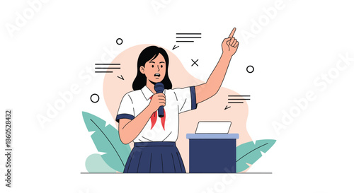 Young Japanese student in a school uniform giving an inspiring speech at a podium while holding a microphone and gesturing.