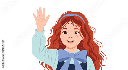 A cheerful and friendly young girl with long red hair and freckles smiling while waving her hand to say hello.