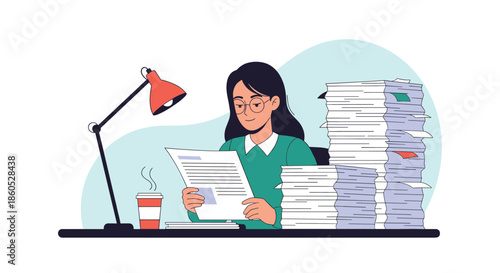 A focused woman wearing glasses works diligently at her desk reading documents next to several large stacks of paperwork.
