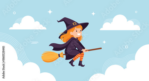 A cute and happy little witch with red hair flying on her broomstick across a bright blue sky with fluffy white clouds.