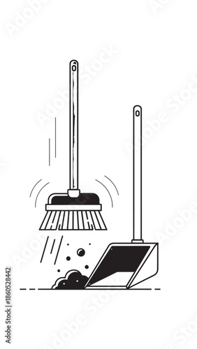 Cleaning up Digital Desk: Broom Sweeps Dirt from Laptop and Office Setup in a Clean Workspace.