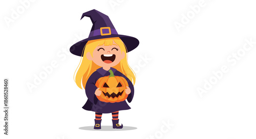 A happy and laughing little girl with blonde hair dressed in a witch costume holds a carved jack-o-lantern for Halloween.