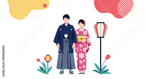 A Japanese couple dressed in traditional formal kimono and hakama for a wedding or special cultural celebration in Japan.