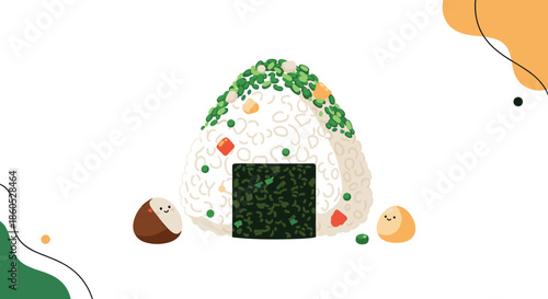 A cute Japanese onigiri rice ball with nori seaweed and vegetable fillings presented with an abstract background and characters.