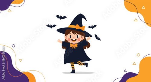 A cheerful girl in a cute witch costume dancing happily with bats flying around her during a fun Halloween celebration.