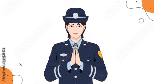 A friendly Japanese policewoman in a formal blue uniform smiles and makes a respectful greeting with her hands together.