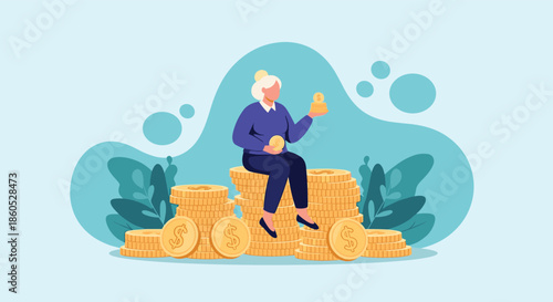 An elderly woman sitting on a large pile of gold coins happily counting her money for retirement savings or pension.