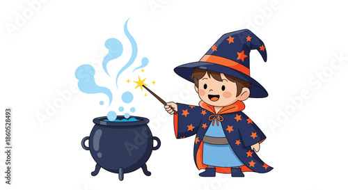 A cute little boy dressed as a wizard in a star-patterned robe and hat casting a spell on a bubbling cauldron.