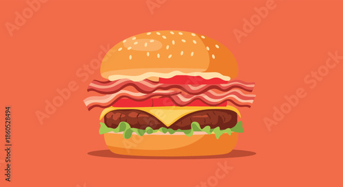 A delicious and juicy bacon cheeseburger with fresh lettuce tomato and cheese on a sesame seed bun against an orange background.