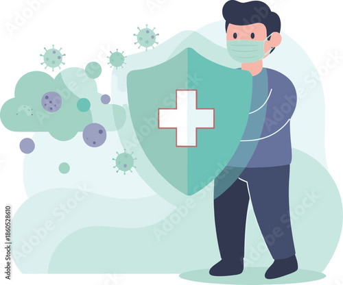 illustration depicting a person wearing a face mask and holding a shield with a medical cross