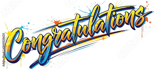 Vibrant 'Congratulations' calligraphy with energetic paint splatters, ideal for celebrating success, achievements, and joyful milestones. Dynamic brush lettering for festive events
