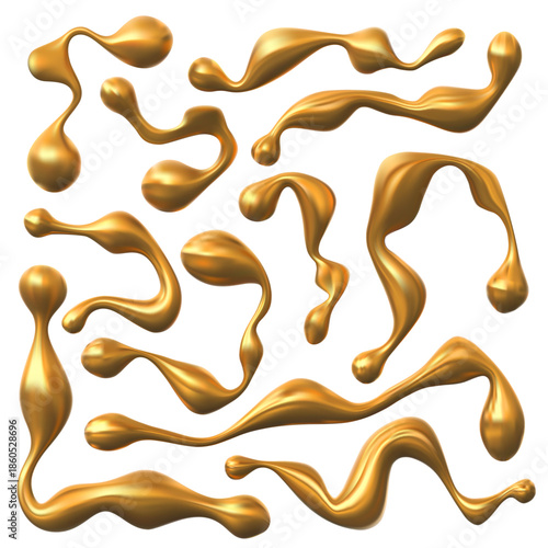 A set of isolated drops of golden metallic liquid or caramel in various shapes.