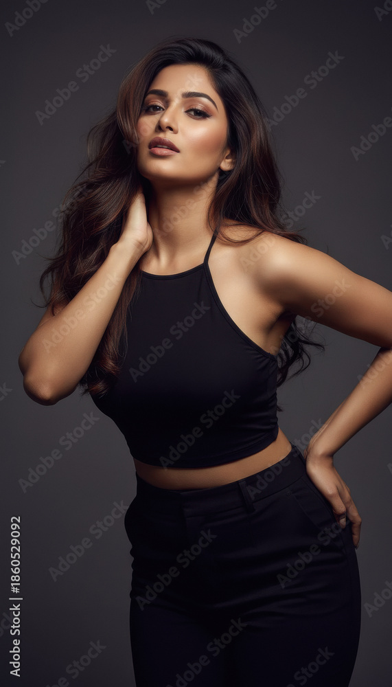 Naklejka premium Confident Indian Woman Posing in Stylish Black Crop Top Studio Portrait