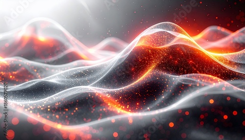 Abstract wavy lines flow with glowing orange and white highlights, blurred particles