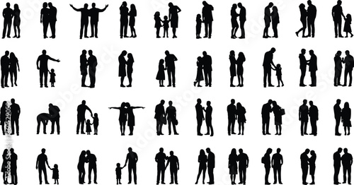 Family and couple silhouette vector set, black figures, human connection, hugging, holding hands, parenting, love, relationship, editable clipart
