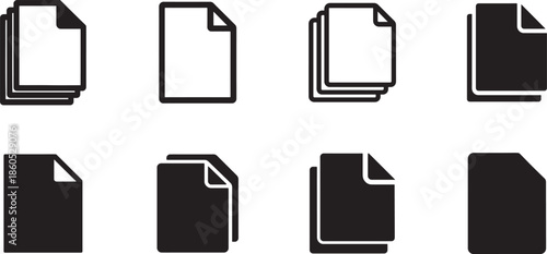 Paper sheet files icon set with document pages and folders, clean outline style, editable EPS vector for business use.