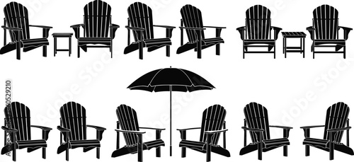 Adirondack chair silhouette vector set, outdoor furniture, beach umbrella, patio seating, black icons, summer relaxation, editable clipart