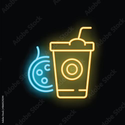 Neon sign showing a soda drink with ice and straw glowing on dark background