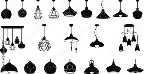 Pendant light silhouette vector set, modern lamp icons, interior lighting design, hanging fixture shapes, home decor, architecture, minimal style