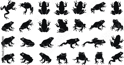 Frog silhouette vector, black amphibian icons, jumping pose design, sitting frog graphic, wildlife movement illustration, nature animal art