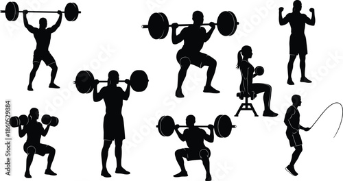 Fitness exercise silhouette, black workout icons, strength training vector, cardio movement graphic, gym activity design, conditioning pose illustration art