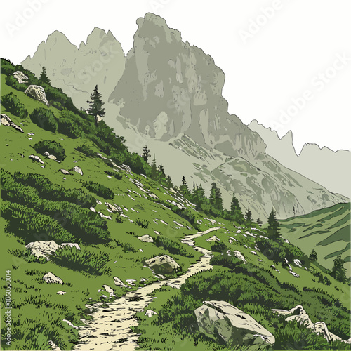 Alpine shelf beneath towering ridge realistic mountain