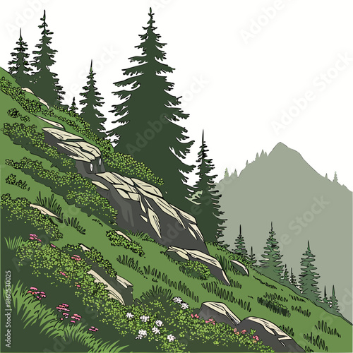 Alpine shelf beneath towering ridge with pine trees and wildflowers