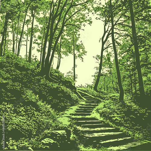Green forest valley with stone staircase and trees