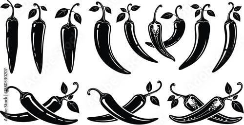 Chili pepper silhouette, black spice icons, hot vegetable vector, culinary ingredient design, food seasoning graphic, kitchen cooking illustration