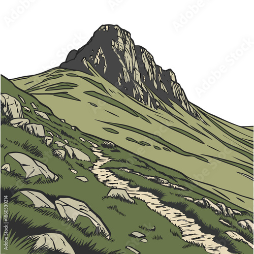 Rocky mountain spur projecting into green plain