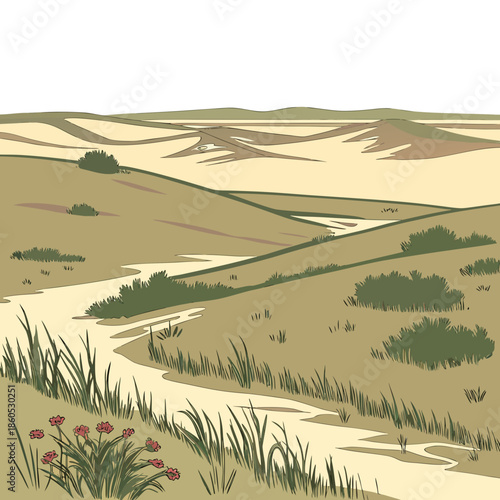 Serene prairie landscape with rolling hills and winding path