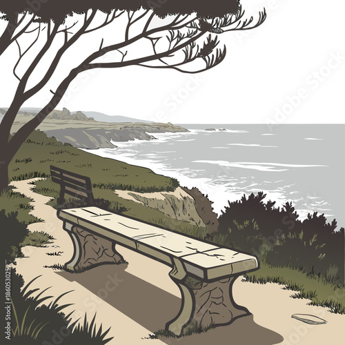 Stone bench on coastal path with tree and ocean view