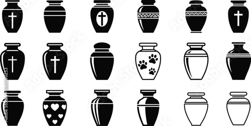 Urn silhouette vector, black memorial icons, funeral container design, cremation jar graphic, remembrance symbol illustration, pet and religious urns
