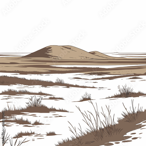 Tundra plain with distant low mounds realistic grass