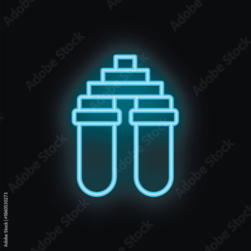 Blue glowing neon icon of a water filter system, providing clean and safe drinking water