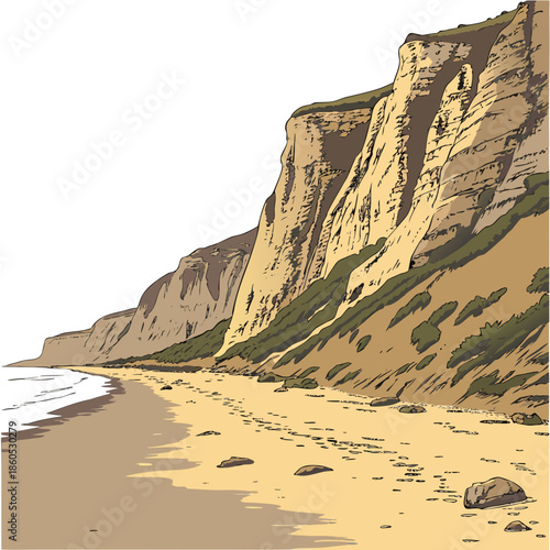 Coastal rock slope easing to sandy beach