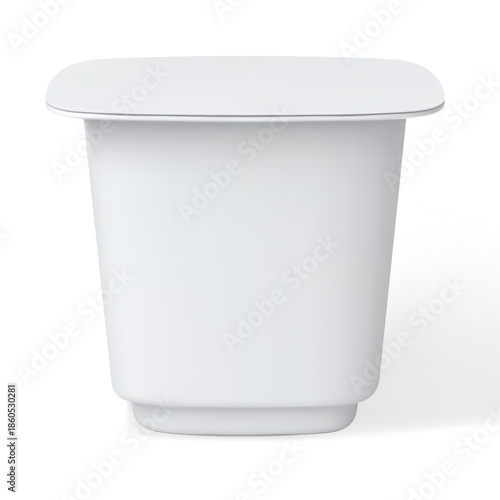 Realistic yogurt cup and other dairy products package, vector 3D mock up of square form white plastic container with lid