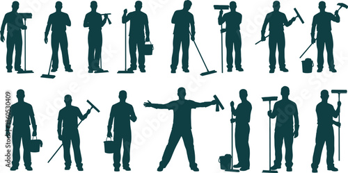 Cleaning worker silhouette, black janitor icons, sanitation staff vector, mop and bucket graphic, maintenance pose illustration, hygiene service design