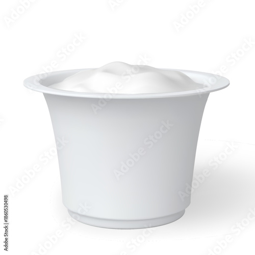 Yogurt cup, sour cream dairy products package, realistic vector 3D mockup of white round plastic container with meal