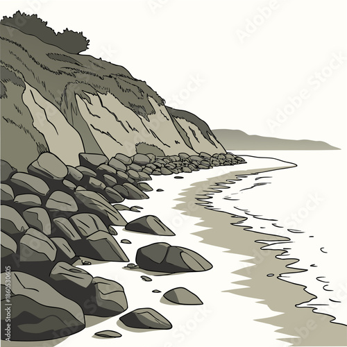 Rocky coastal slope easing to sandy beach cliff rocks