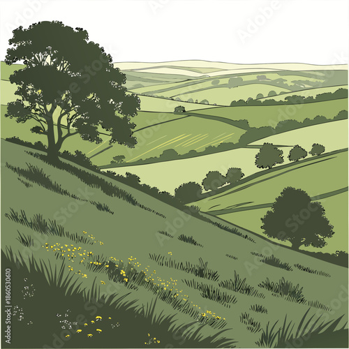 Green hillside with trees and wildflowers rolling hills