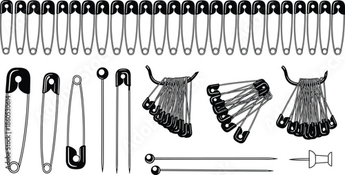 Pins and needles silhouette, black sewing icons, crafting tool vector, safety pin design, needle graphic art, tailoring equipment illustration