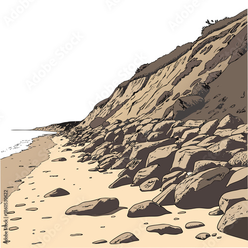Rocky coastal slope easing to sandy beach rocks boulders