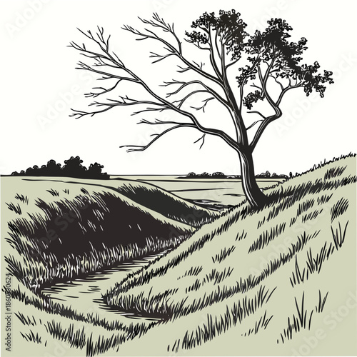 Tree on prairie hollow with smooth interior bowl realistic landscape