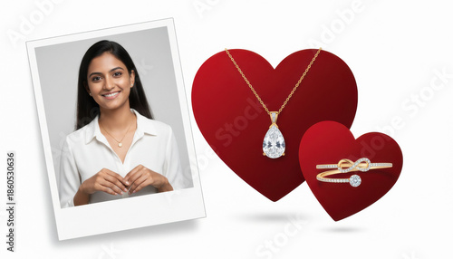 Smiling woman, elegant diamond jewelry, hearts, perfect gifts