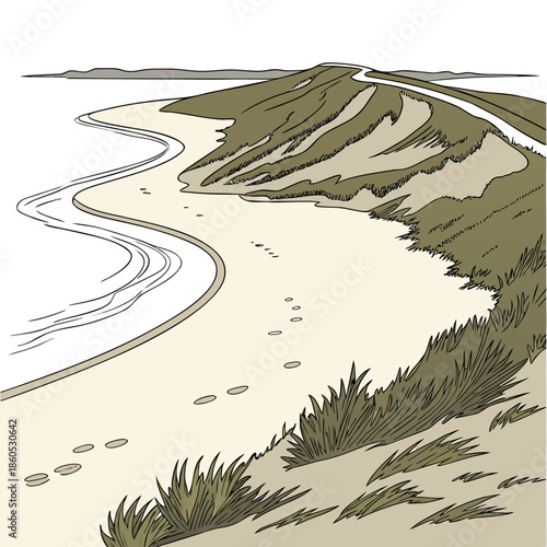Coastal sand tongue extending inland with footprints and grass