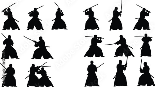 Samurai sword silhouette, martial arts vector, black combat icons, katana fighting poses, traditional training design, warrior movement illustration
