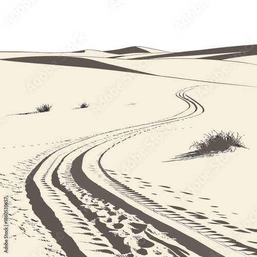 Desert plain with faint tire tracks and sparse vegetation